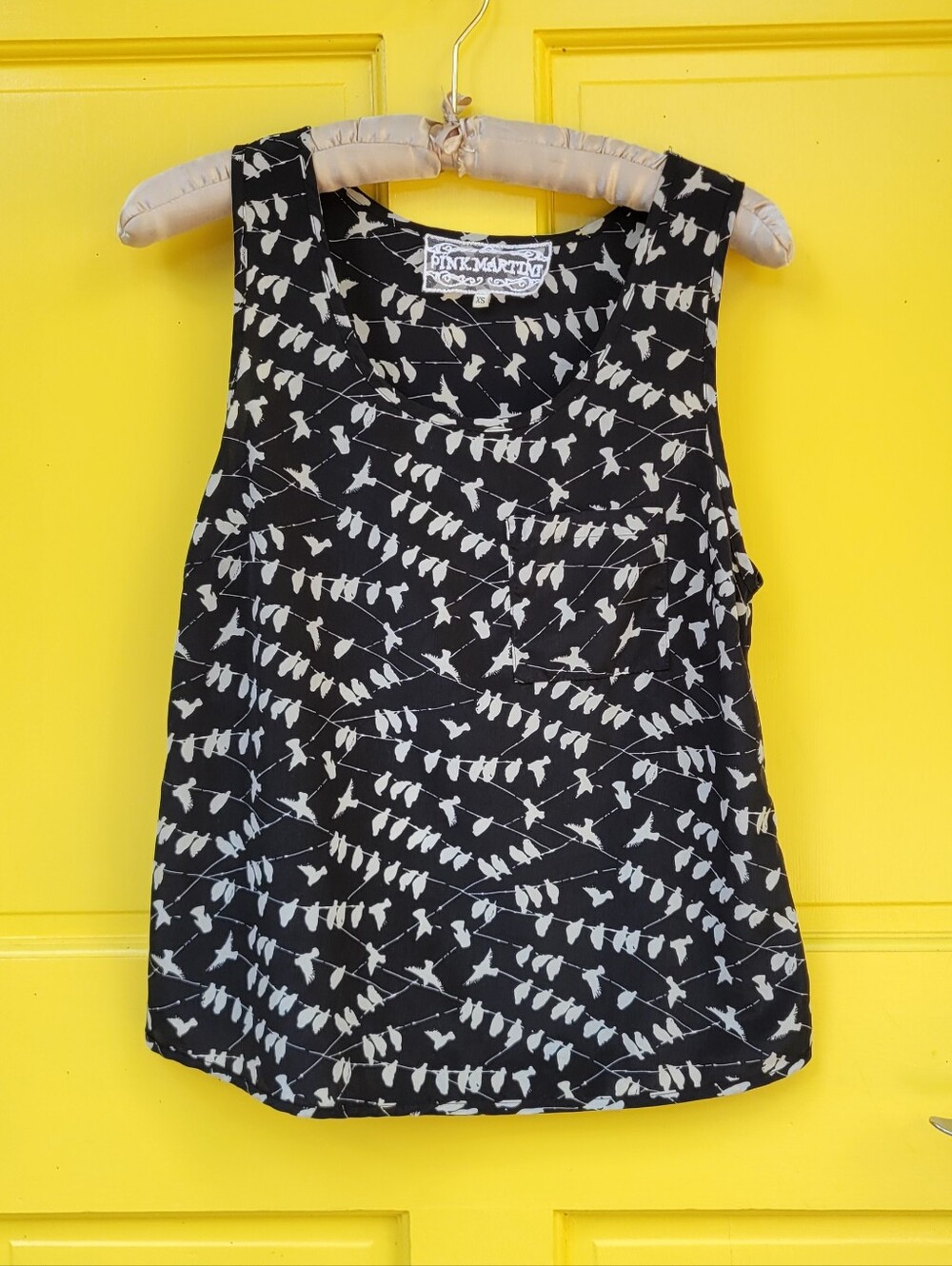 Pink Martini Bird Print Sleeveless Blouse XS Black Ivory Pocket Tank Top